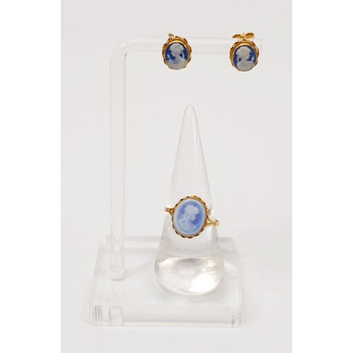 9 - An 18ct gold cameo ring together with matching earrings, gross weight 3.8g, ring size R. UK shipping... 