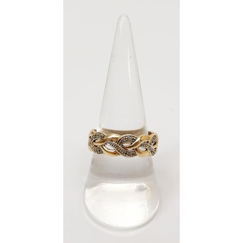 14 - A hallmarked 9ct gold and diamond weave pattern ring, gross weight 3.1g, size R/S. UK shipping £14.