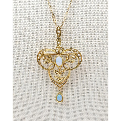 37 - A continental yellow metal Art Nouveau pendant set with opal and seed pearl on a Victorian 9ct gold ... 