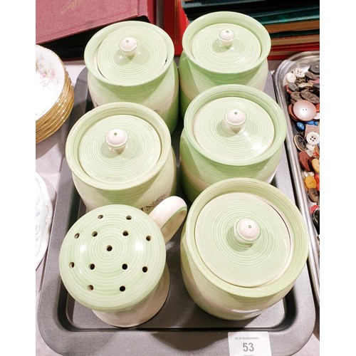 53 - Six pieces of Gibson's Oriency Ware kitchen canisters and sifter, one canister A/F, the tallest 13cm... 