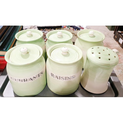 53 - Six pieces of Gibson's Oriency Ware kitchen canisters and sifter, one canister A/F, the tallest 13cm... 