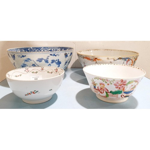 56 - Four antique English and Chinese ceramic bowls each hand decorated, two A/F, the largest diameter 28... 