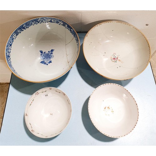 56 - Four antique English and Chinese ceramic bowls each hand decorated, two A/F, the largest diameter 28... 