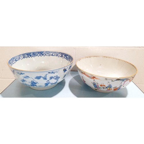 56 - Four antique English and Chinese ceramic bowls each hand decorated, two A/F, the largest diameter 28... 