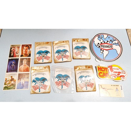 70 - A selection of Jurassic Park trading cards, vintage stickers including Batman, football sticker card... 