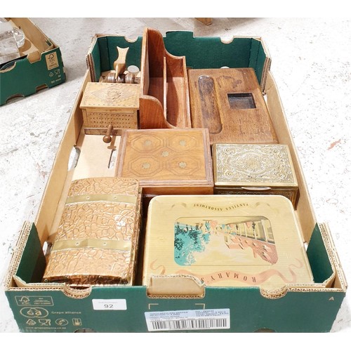 92 - A box including a vintage wooden cigarette dispenser and boxes and a tin. No shipping. Arrange colle... 