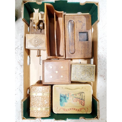 92 - A box including a vintage wooden cigarette dispenser and boxes and a tin. No shipping. Arrange colle... 