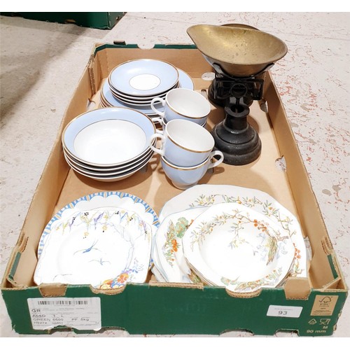 93 - A box including a set of antique cast iron scales and weights, and ceramics. No shipping. Arrange co... 