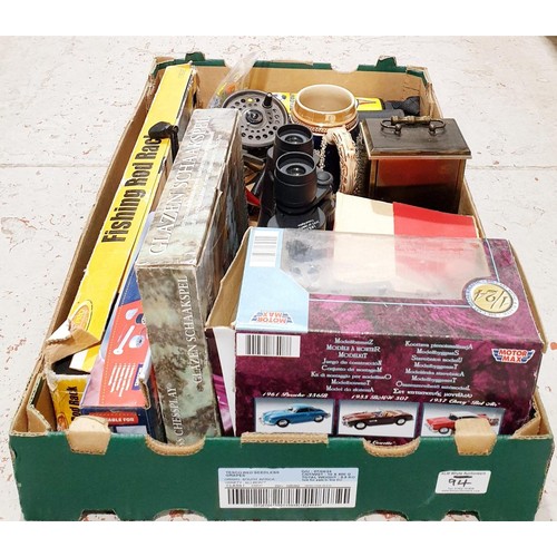 94 - A box of assorted including fishing reels. No shipping. Arrange collection or your own packer and sh... 