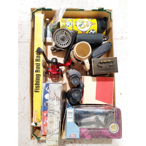 94 - A box of assorted including fishing reels. No shipping. Arrange collection or your own packer and sh... 