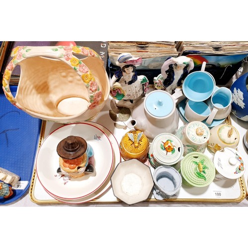 100 - A tray of ceramics including two Crown Devon Stockholm pieces, Poole tea ware and antique Staffordsh... 