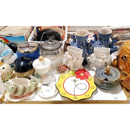 101 - A tray of glass and ceramics including a Shorter fish sauce boat, an Art Nouveau glass and pewter bi... 