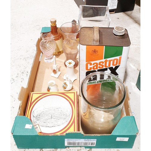 117 - A box of glass and china and a vintage Castrol GTX oil can. No shipping. Arrange collection or your ... 