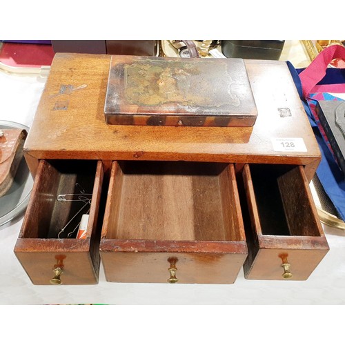 128 - An antique set of mahogany drawers, width 33cm together with an antique papier mache box. No shippin... 