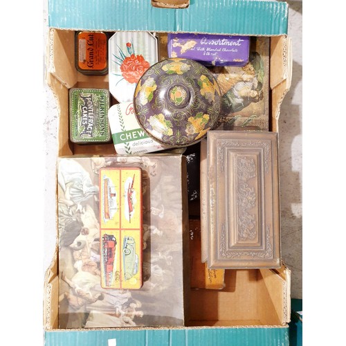 142 - A box of vintage and later tins. No shipping. Arrange collection or your own packer and shipper, ple... 