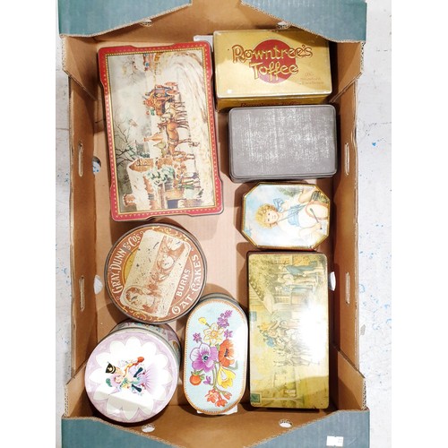 182 - A box of vintage tins. No shipping. Arrange collection or your own packer and shipper, please. Elect... 