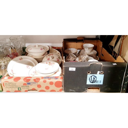 199 - Two boxes of tea and dinnerware including Johnson Bros Old English. No shipping. Arrange collection ... 