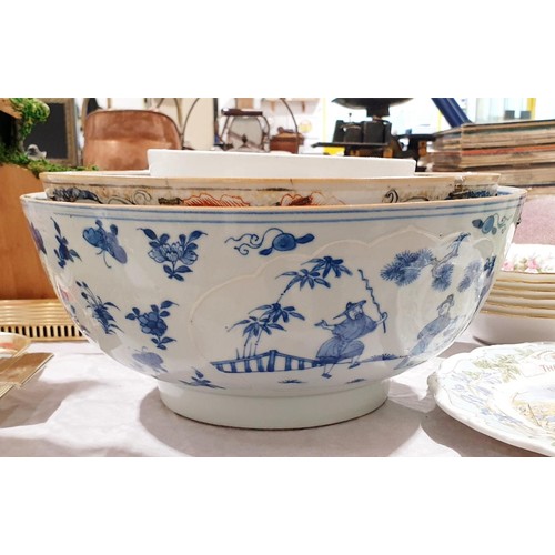 56 - Four antique English and Chinese ceramic bowls each hand decorated, two A/F, the largest diameter 28... 