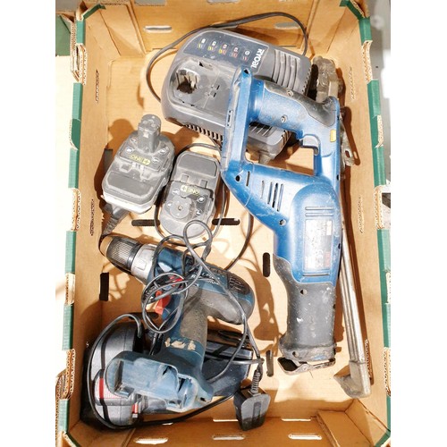 212 - Two boxes including power tools, toy cars and a tree lopper. No shipping. Arrange collection or your... 