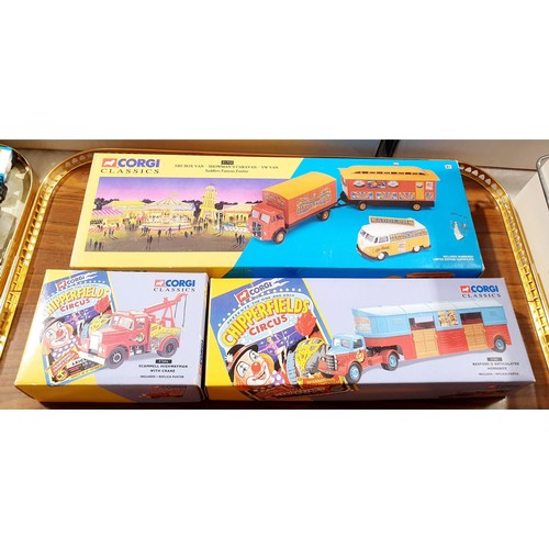 240 - Three boxes Corgi Classics Chipperfield circus and Saddlers fair vehicles 31702, 97886 and 97887. UK... 