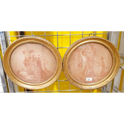 269 - A pair of antique prints depicting classical scenes in gilded frames, diameter 34.5cm. No shipping. ... 