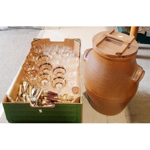 304 - A box of glassware and flatware together with a stoneware jar, height 44cm. No shipping. Arrange col... 