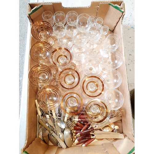 304 - A box of glassware and flatware together with a stoneware jar, height 44cm. No shipping. Arrange col... 