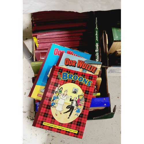 112 - Two boxes of books and ephemera including vintage The Broons and Oor Wullie comics, and Ronnie Barke... 