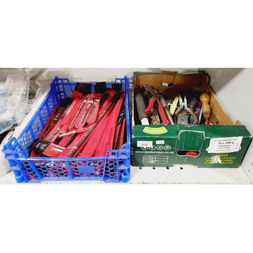 209 - Two boxes of tools including new in packet drill bits. No shipping. Arrange collection or your own p... 