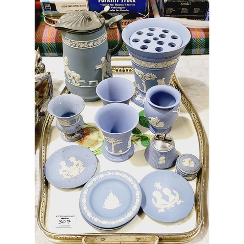 307 - A selection of Wedgwood antique and later blue Jasperware, jug A/F. No shipping. Arrange collection ... 