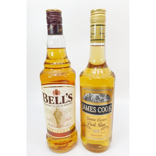 26 - Bottles of spirits to include: Bells Scotch Whisky, James Cook Genuine Overseas Dark Rum, Powers Gol... 