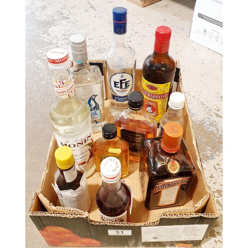 31 - Ten bottles of assorted spirits including Raki, Tequila, Brandy, Cointreau and mixers, all opened. N... 