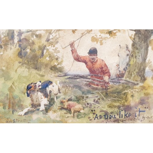 266 - Arthur W. Strutt: A Hunting Scene, watercolour, signed lower left and dated 1887, 13.5cmx22.5cm. No ... 