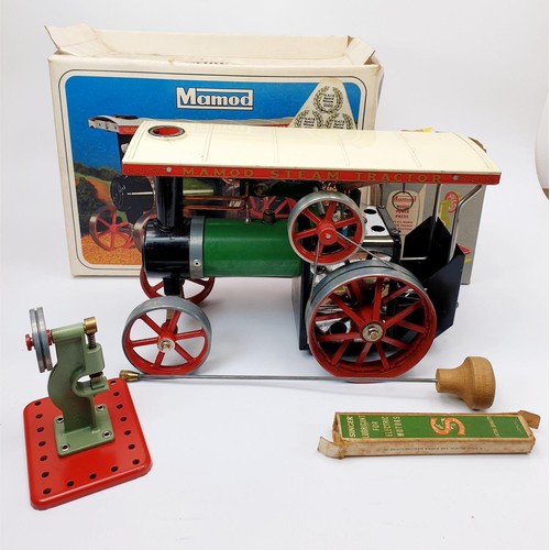 276 - A boxed Mamod TE1A traction engine with a power press accessory. UK shipping £14.