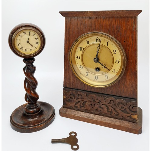 277 - An early 20th century mantel clock, height 26cm, A/F together with a table clock in a wooden barley ... 