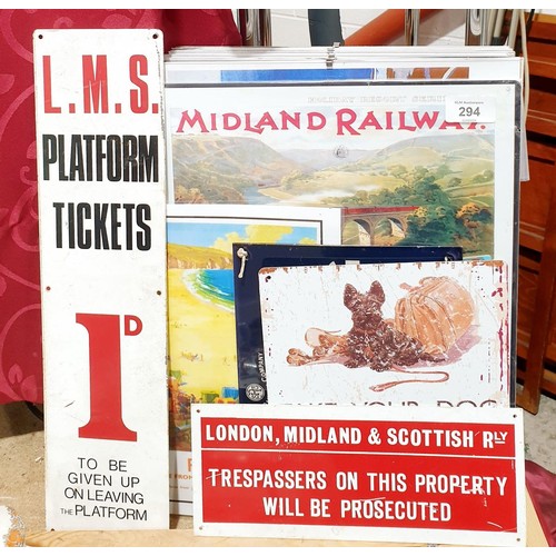 294 - An original LMS tin platform ticket sign, length 46cm together with reproduction train signs and adv... 