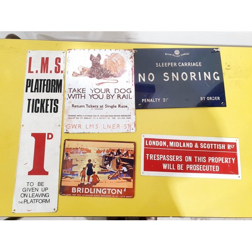 294 - An original LMS tin platform ticket sign, length 46cm together with reproduction train signs and adv... 