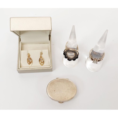 2 - A pair of 9ct gold earrings set with white stones, gross weight 0.5g, two silver rings and a silver ... 