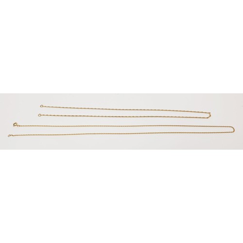 28 - Two hallmarked 9ct gold chains, the longest 61.5cm, weight 6.6g. UK shipping £14.
