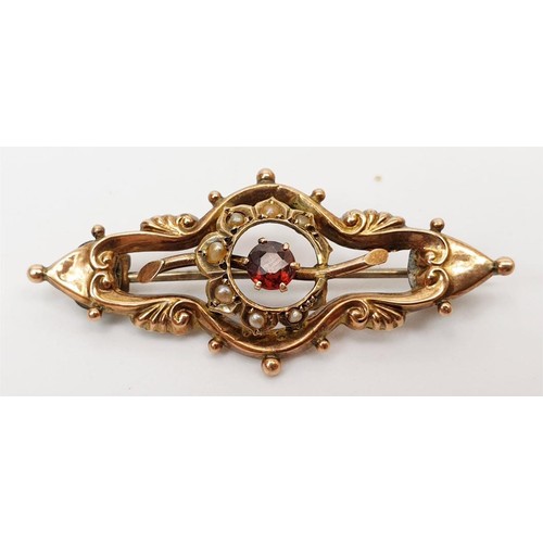 30 - An antique 9ct rose and yellow gold brooch set with garnet and seed pearl, width 4.5cm, gross weight... 