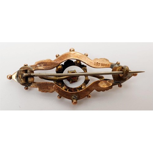 30 - An antique 9ct rose and yellow gold brooch set with garnet and seed pearl, width 4.5cm, gross weight... 