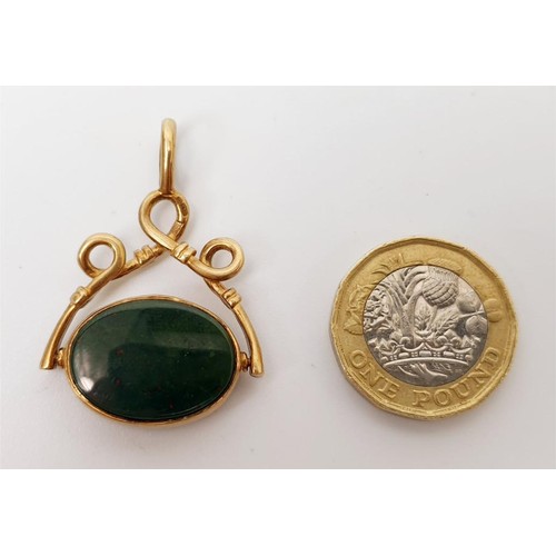 32 - A hallmarked 9ct gold and hard stone swivel fob, length 4cm, gross weight 7.7g. UK shipping £14.