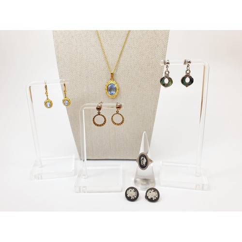 38 - Wedgwood silver Jasperware earrings and ring, ring size M, silver and yellow metal earrings and a go... 