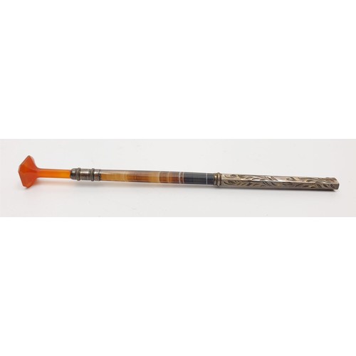 50 - An antique agate and white metal pen with an agate intaglio seal, length 12cm. UK shipping £14.