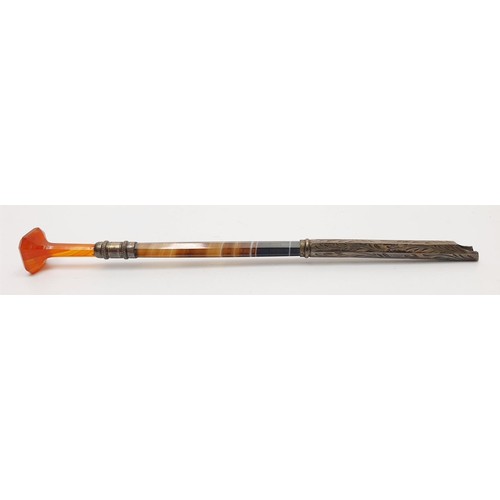 50 - An antique agate and white metal pen with an agate intaglio seal, length 12cm. UK shipping £14.