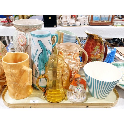 79 - A selection of vintage jugs and other pottery including Crown Devon Rouge Royale, Beswick and Wade, ... 