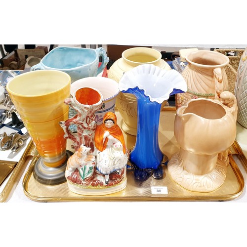 80 - A selection of vases and other ceramics including Shelley, Sylvac and Poole together with a glass va... 