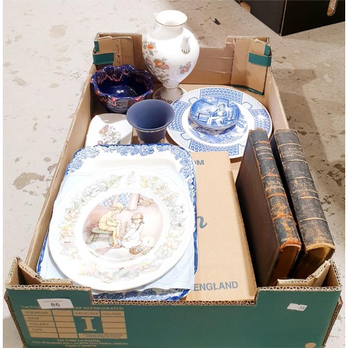 86 - Two boxes of ceramics including Wedgwood and two antique books. No shipping. Arrange collection or y... 