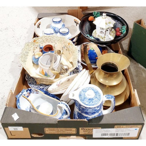 90 - A box of ceramics and metal ware including Carltonware. No shipping. Arrange collection or your own ... 