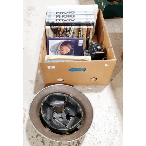 92 - A box of assorted including a military helmet and a vintage Phillips radio. No shipping. Arrange col... 